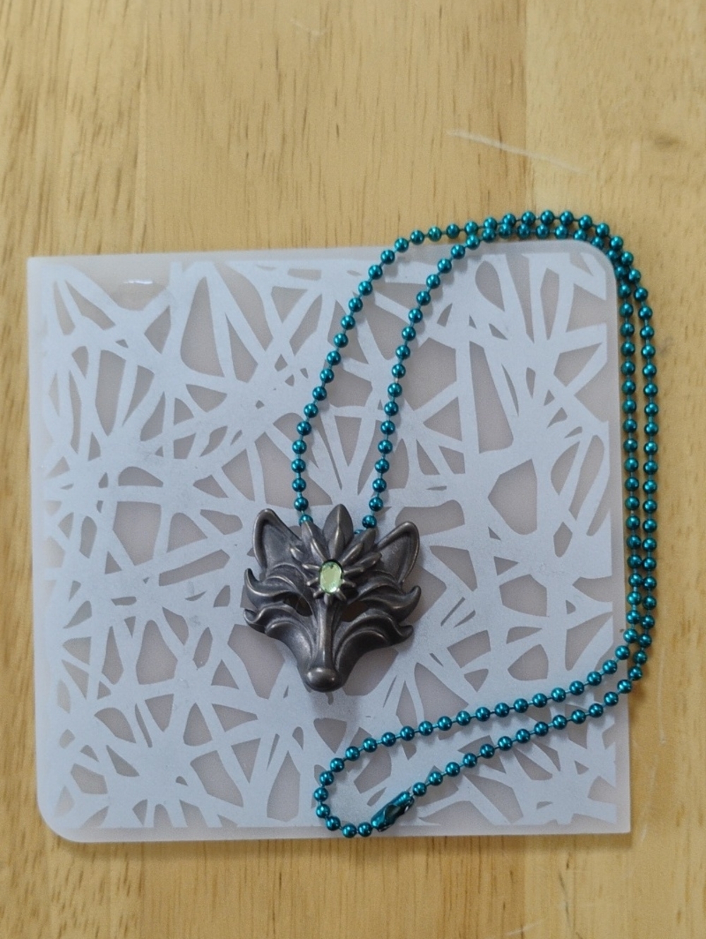 Wolf Pendant Necklace in Teal with Light Green Gem